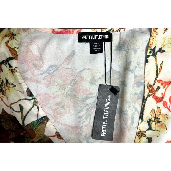 New PrettyLittleThing White Brown Floral V-Neck Maxi Dress Long Sleeve Slit Boho - Picture 3 of 6